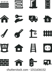 Solid Black Vector Icon Set - cradle vector, house, dwelling, brickwork, arm saw, stepladder, power socket type f, key, door knob, interroom, heating coil, new radiator, home, Construction crane