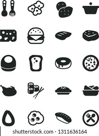 Solid Black Vector Icon Set - baby bib vector, plastic fork spoons, stick of sausage, piece cheese, pizza, big burger, cake with a hole, pie, lettuce in plate, chicken, chop, meat, sushi set, potato