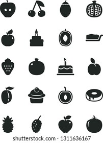 Solid Black Vector Icon Set - cake vector, muffin, slice, birthday, with a hole, strawberry, apple, cherry, pomegranate, half, apricot, red, tasty, mulberry, delicious plum, ripe, tamarillo