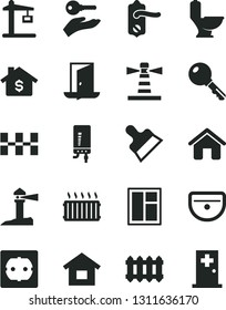 Solid Black Vector Icon Set - house vector, dwelling, window, sink, toilet, power socket type f, door knob, ceramic tiles, putty knife, new radiator, electronic boiler, key, Construction crane, exit