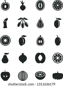 Solid Black Vector Icon Set - beet vector, tasty apple, medlar, mulberry, water melon, goji berry, half peach, loquat, ripe plum, cherry, lemon, juicy, of kiwi, orange, grapefruit, guava, part, stub
