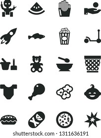 Solid Black Vector Icon Set - wicker pot vector, Child T shirt, tumbler, toy sand set, deep plate with a spoon, teddy bear, funny hairdo, Kick scooter, pizza, apple pie, chicken leg, popcorn, cup of