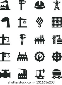 Solid Black Vector Icon Set - crane vector, tower, hook, construction helmet, gear, working oil derrick, valve, manufacture, factory, power line, industrial building, enterprise, processor, calipers