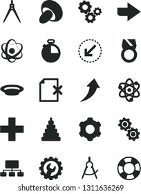 Solid Black Vector Icon Set - right direction vector, plus, stacking toy, cogwheel, gear, left bottom arrow, timer, delete page, porcini, plate, scribed compasses, gears, scheme, atom, gold ring, up