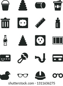 Solid Black Vector Icon Set - bin vector, yardstick, feeding bottle, beanbag, baby duckling, stacking rings, toy, window frame, bucket, sewerage, power socket type f, construction helmet, of soda