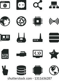 Solid Black Vector Icon Set - power socket type f vector, star, big data, SIM, connections, scheme, cpu, pc card, router, network, browser, coding, lan connector, wireless, victory hand, earth