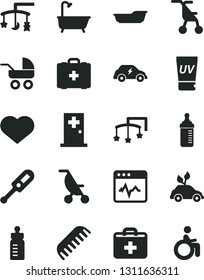 Solid Black Vector Icon Set - heart symbol vector, first aid kit, toys over the cradle, cot, feeding bottle, measuring for, baby carriage, summer stroller, sitting, electronic thermometer e, bath
