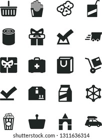 Solid Black Vector Icon Set - grocery basket vector, medical bag, e, box of bricks, with handles, cardboard, package, shipment, tin, fried potato slices, popcorn, cup, shopping, urgent cargo, gift