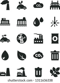 Solid Black Vector Icon Set - bin vector, drop, leaf, manufacture, factory, oil, hydroelectric station, hydroelectricity, industrial building, thermal power plant, environmentally friendly transport