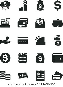 Solid Black Vector Icon Set - bank card vector, purse, cards, coins, column of, denomination the dollar, article on, catch a coin, money, cash machine, cashbox, bag hand, rain, pedestal, mail
