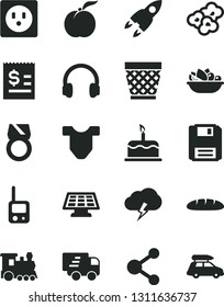Solid Black Vector Icon Set - wicker pot vector, Child T shirt, toy phone, storm cloud, cake, loaf, a plate of fruit, popcorn, ripe peach, socket, connection, article on the dollar, Express delivery