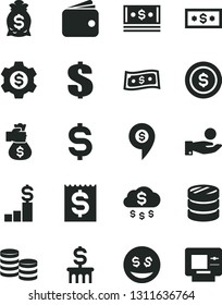 Solid Black Vector Icon Set - dollar vector, coins, column of, denomination the, financial item, catch a coin, wallet, cash, money bag hand, rain, pedestal, gear, eyes, pin, atm
