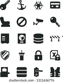 Solid Black Vector Icon Set - prohibition vector, Baby chair, key, door knob, road fence, lock, anchor, reverse side of a bank card, encrypting, big data, biohazard, airport tower, baggage scanner