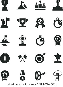 Solid Black Vector Icon Set - stopwatch vector, pedestal, winner podium, prize, award, cup, star reward, man with flag, motivation, mountain, target, purpose, first place medal, pennant, cross flags