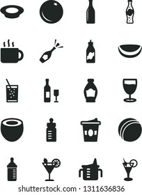 Solid Black Vector Icon Set - measuring cup for feeding vector, bottle, bath ball, a plate of milk, tea, coffe to go, glass soda, cocktail, orange, liquor, piece coconut, half, wine, champagne