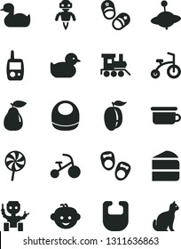 Solid Black Vector Icon Set - bib vector, baby, rubber duck, duckling, toy mobile phone, children's potty, hairdo, train, yule, child bicycle, tricycle, shoes for little children, piece of cake