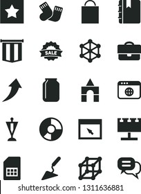Solid Black Vector Icon Set - paper bag vector, warm socks, box of bricks, building trowel, notebook, SIM card, jar, billboard with illumination, portfolio, ring diagram, sale, browser, 3d cube