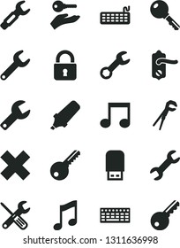 Solid Black Vector Icon Set - repair key vector, cross, small tools, adjustable wrench, door knob, lock, music, steel, text highlighter, keyboard, usb flash, note, arm with