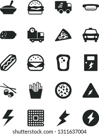 Solid Black Vector Icon Set - lightning vector, dangers, car, delivery, sausage, pizza, piece of, Hot Dog, mini, big burger, a bowl buckwheat porridge, French fries, Chinese chopsticks, sandwich