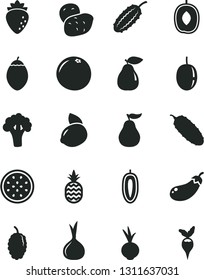 Solid Black Vector Icon Set - cucumber vector, beet, a pineapple, pear, raspberry, mulberry, delicious plum, passion fruit, sweet date, yellow lemon, half of, tamarillo, grapefruit, ripe guava