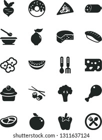 Solid Black Vector Icon Set - plates and spoons vector, iron fork, sausage, piece of cheese, pizza, muffin, glazed cake with a hole, chicken leg, bacon, peper, Chinese chopsticks, japanese sushi