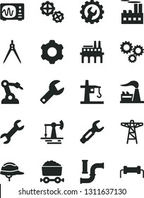 Solid Black Vector Icon Set - repair key vector, gears, cogwheel, helmet, gear, working oil derrick, water pipes, factory, power pole, industrial building, enterprise, tower crane, robot welder