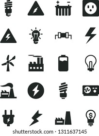 Solid Black Vector Icon Set - lightning vector, danger of electricity, incandescent lamp, saving light bulb, charge level, wind energy, factory, battery, plug, socket, industrial building, resistor