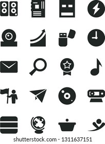 Solid Black Vector Icon Set - wall clock vector, pan, motherboard, web camera, usb, cd, flash, pc speaker, note, big data, mail, zoom, globe, electricity, growth graph, man hold flag, star medal