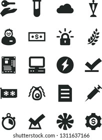 Solid Black Vector Icon Set - computer vector, fan, motherboard, gpu card, cloud, file, encrypting, test tube, bactery, scientist, syringe, stopwatch, electricity, laurel branch, pennant, vote check