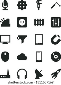 Solid Black Vector Icon Set - desktop microphone vector, monitor, power socket type b, new radiator, headphones, smartphone, regulator, gear, horseshoe magnet, welding, caliper, water filter, mouse