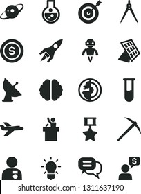 Solid Black Vector Icon Set - flask vector, test tube, bulb, brain, drawing compass, earth core, robot, sun panel, satellite antenna, saturn, rocket, man with medal, target, hero, mine axe, dialog