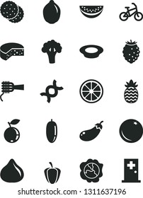 Solid Black Vector Icon Set - cheese vector, noodles, a plate of milk, biscuit, orange, squash, fig, tasty raspberry, blueberry, water melon slice, date fruit, juicy lemon, lime, pineapple, broccoli