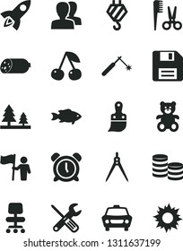 Solid Black Vector Icon Set - floppy disk vector, alarm clock, women, accessories for a hairstyle, teddy bear, hook, small tools, plastic brush, car, sausage, fish, cherry, forest, welding, coins