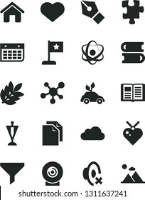 Solid Black Vector Icon Set - heart symbol vector, clean paper, silent mode, Puzzle, books, house, book, lens, environmentally friendly transport, filter, wall calendar, cloud, molecule, atom