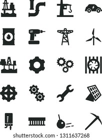 Solid Black Vector Icon Set - cogwheel vector, cordless drill, electronic boiler, core, sea port, commercial seaport, windmill, water pipes, oil, power pole, gear, tower crane, electric transport