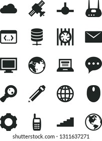 Solid Black Vector Icon Set - laptop vector, monitor window, graphite pencil, envelope, speech, earth, big data server, magnifying glass, mobile phone, radiator fan, mouse, router, connect, coding