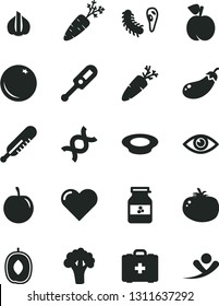 Solid Black Vector Icon Set - electronic thermometer vector e, mercury, medical bag, heart, eye, a plate of milk, tomato, carrot, jar jam, orange, peach, delicious plum, tasty, garlic, broccoli, dna
