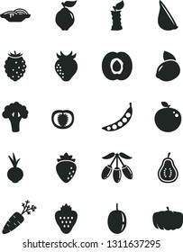 Solid Black Vector Icon Set - slices of onion vector, beet, garlic, strawberry, half apricot, quince, raspberry, tasty, goji berry, passion fruit, yellow lemon, delicious apple, part guava, stub