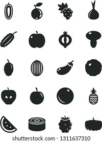 Solid Black Vector Icon Set - canned goods vector, mushroom, cabbage, a pineapple, orange slice, apple, grape, tasty, half of medlar, blackberry, blueberry, mulberry, melon, plum, sweet date fruit
