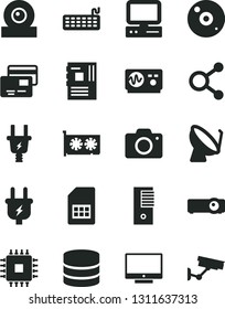 Solid Black Vector Icon Set - camera vector, screen, cards, plug, electric, satellite dish, SIM card, connections, computer, keyboard, pc tower, motherboard, cpu, gpu, web, cd, projector, big data