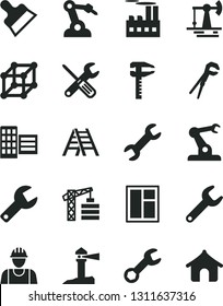 Solid Black Vector Icon Set - repair key vector, tower crane, builder, window, small tools, adjustable wrench, ladder, city block, putty knife, working oil derrick, industrial building, robot welder