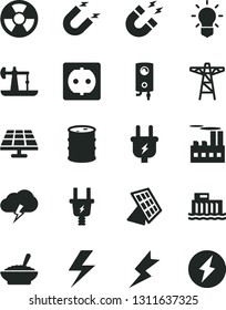 Solid Black Vector Icon Set - lightning vector, boiler, storm cloud, a bowl of buckwheat porridge, solar panel, oil derrick, barrel, hydroelectric station, power pole, plug, electric, socket, magnet