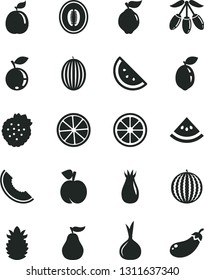 Solid Black Vector Icon Set - strawberries vector, orange slice, peach, quince, rose hip, blueberry, melon, water, of, goji berry, half, juicy lemon, sour lime, guava, ripe pineapple, onion