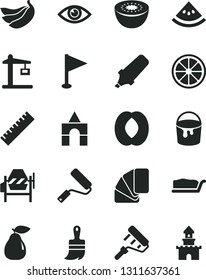 Solid Black Vector Icon Set - yardstick vector, pennant, box of bricks, concrete mixer, paint bucket, new roller, sample colour, wooden brush, eye, cake slice, pear, half peach, juicy lemon, bananas
