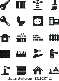 Solid Black Vector Icon Set - chest of drawers vector, house, dwelling, brickwork, brick wall, window frame, wooden paint brush, toilet, power socket type f, key, door knob, city block, radiator