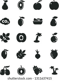 Solid Black Vector Icon Set - lettuce in a plate vector, beet, pear, ripe peach, apple, half apricot, branch of grape, strawberry, blueberry, tasty cornels, mango, cherry, lemon, carbon dyoxide