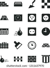 Solid Black Vector Icon Set - brickwork vector, brick wall, big core, building trowel, power socket type b, f, tile, ceramic tiles, putty knife, hedge, paving slab, pavement, clock, calendar, watch