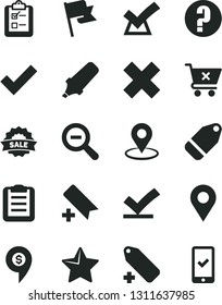 Solid Black Vector Icon Set - add bookmark vector, zoom out, check mark, cross, label, question, star, flag, crossed cart, survey, location, geolocation, text highlighter, sale, clipboard, vote