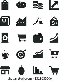 Solid Black Vector Icon Set - line chart vector, growth, positive histogram, crossed cart, bag with handles, piece of meat, tamarillo, ripe pepper, oil, kiosk, coins, a crisis, wallet, graph, arrow