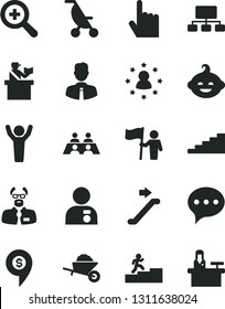 Solid Black Vector Icon Set - zoom vector, summer stroller, funny hairdo, garden trolley, employee, index finger, speech, scheme, conversation, scientist, carrer stairway, man hands up, with medal